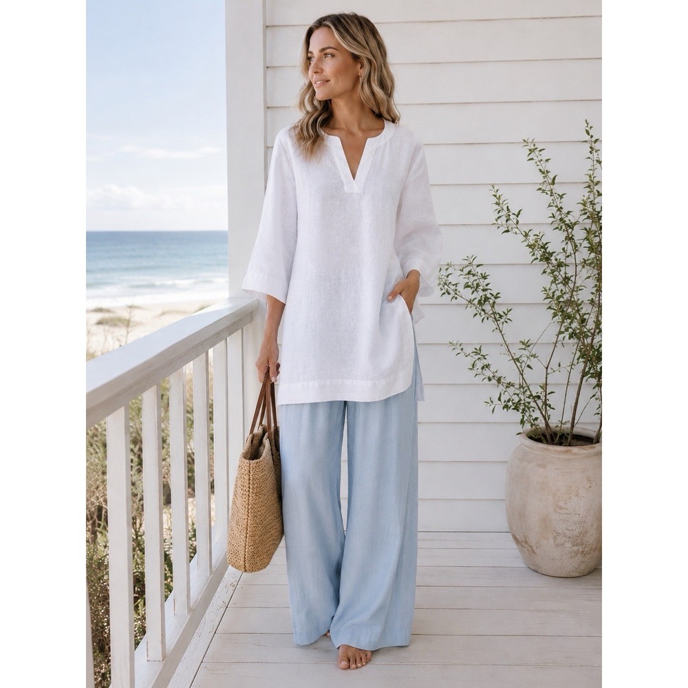 Lands End Tunic Top M Linen Blend Coastal Beachy Minimalist Langenlook - Picture 1 of 12